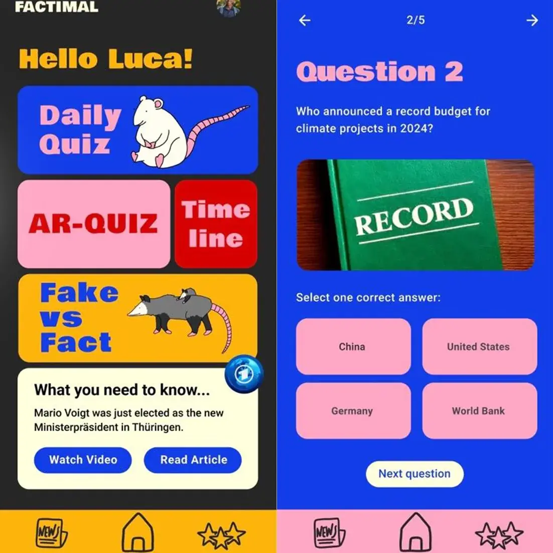 Auf der linken Hälfte ist die Startseite der Factimal-App. Mehrere Boxen, die zu weiteren Funktionen weiterführen, sind auf dem Smartphone-Display zu sehen. Auf der rechten Hälfte ist eine Frage in der Factimal-App. Die Frage, ein Bild und vier Antwortmöglichkeiten werden auf dem Smartphone-Display angezeigt.