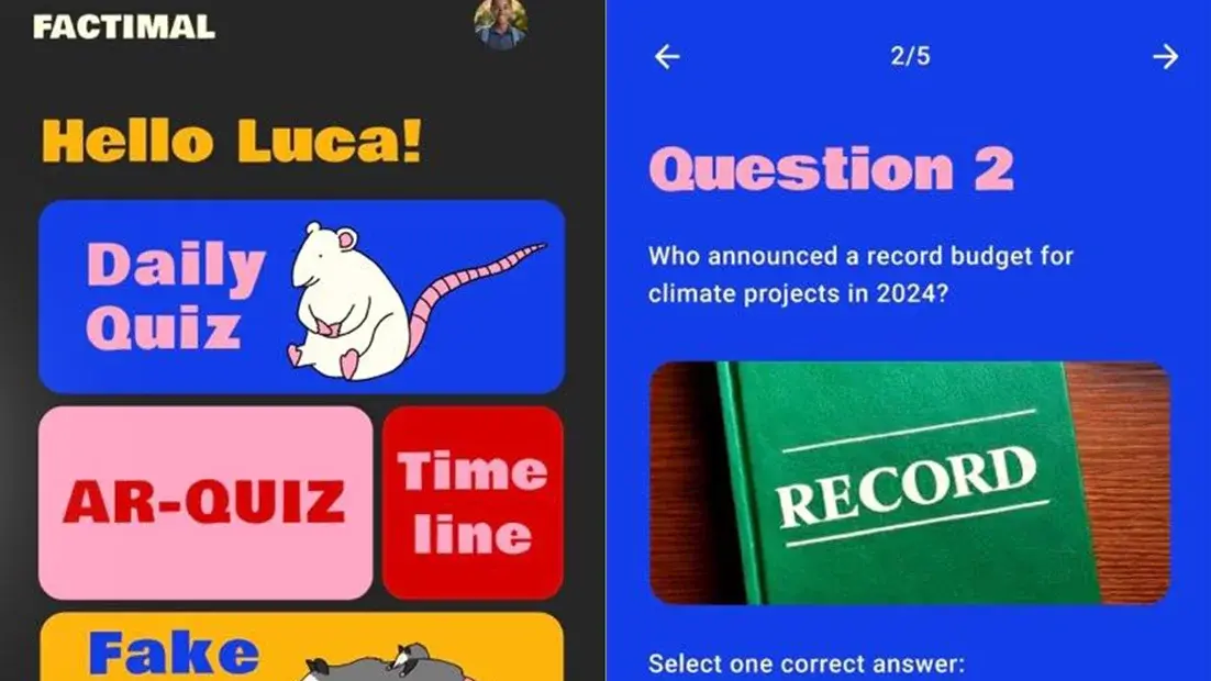 Auf der linken Hälfte ist die Startseite der Factimal-App. Mehrere Boxen, die zu weiteren Funktionen weiterführen, sind auf dem Smartphone-Display zu sehen. Auf der rechten Hälfte ist eine Frage in der Factimal-App. Die Frage, ein Bild und vier Antwortmöglichkeiten werden auf dem Smartphone-Display angezeigt.