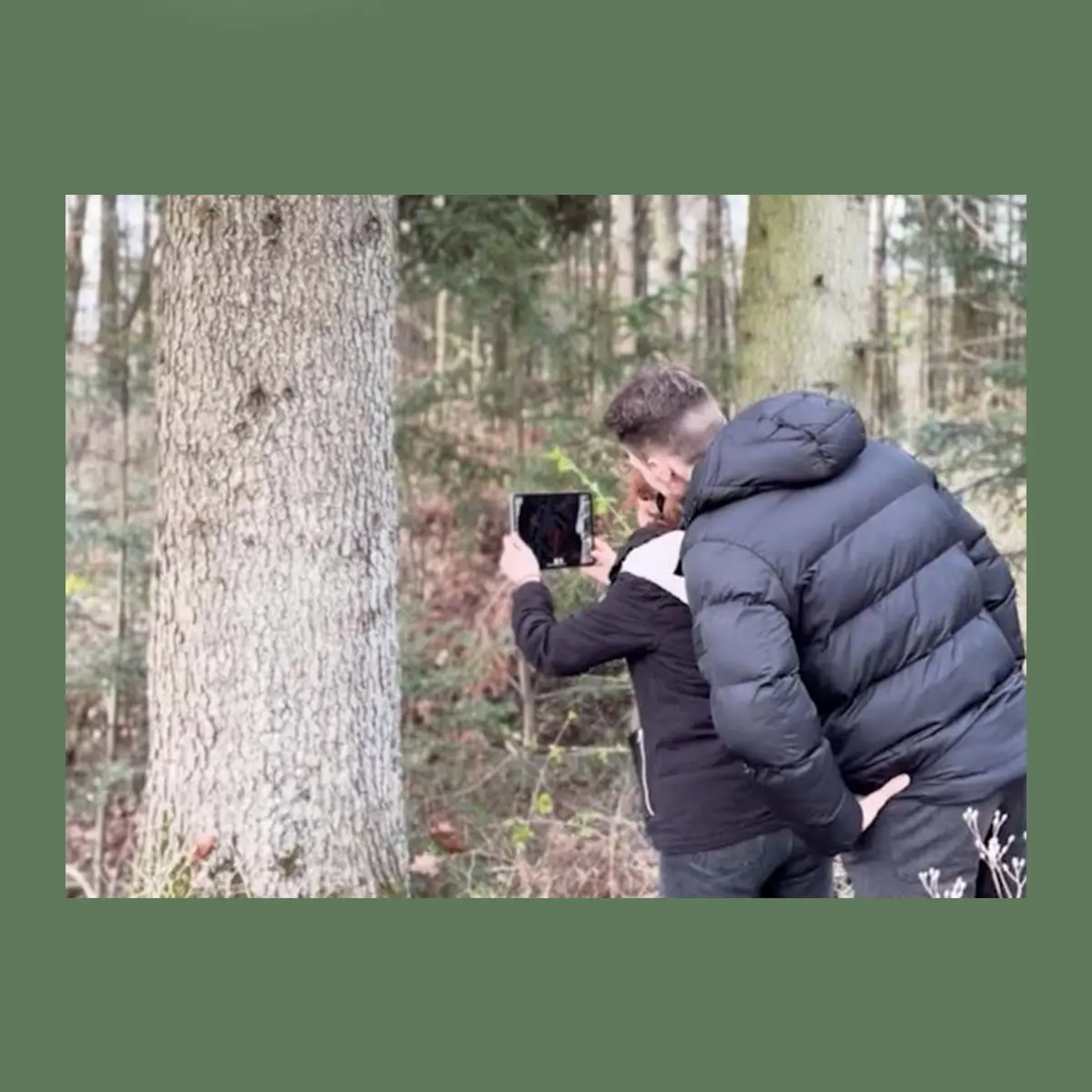 Zwei Studierende im Wald verwenden die VR-Brille, um die VR-App Waldlupe erlebbar zu machen.
