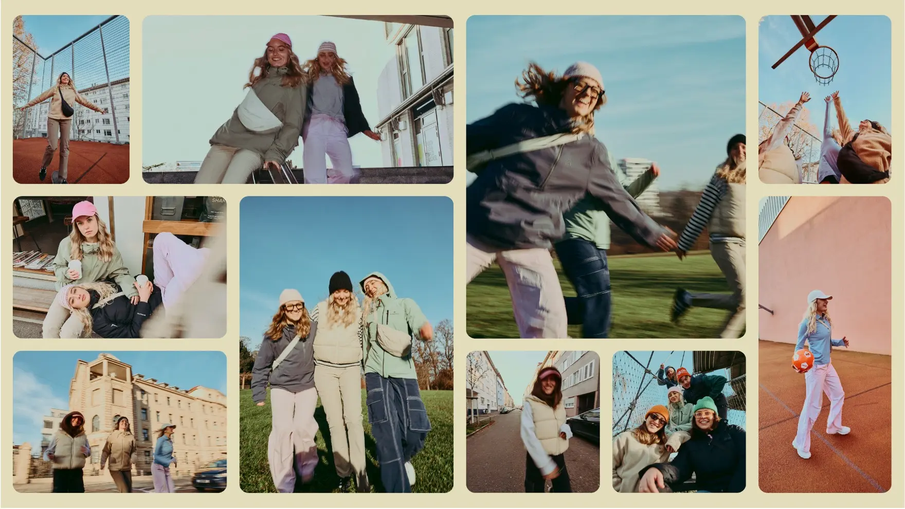 Mehrere Werbefotos sind in einer Collage mit beigen Hintergrund angeordnet. Die Fotos zeigen junge Frauen, die Activewear tragen, insbesondere Wanderjacken. Die Frauen entspannen sich, posieren zusammen vor der Kamera, spielen Basketball usw. 