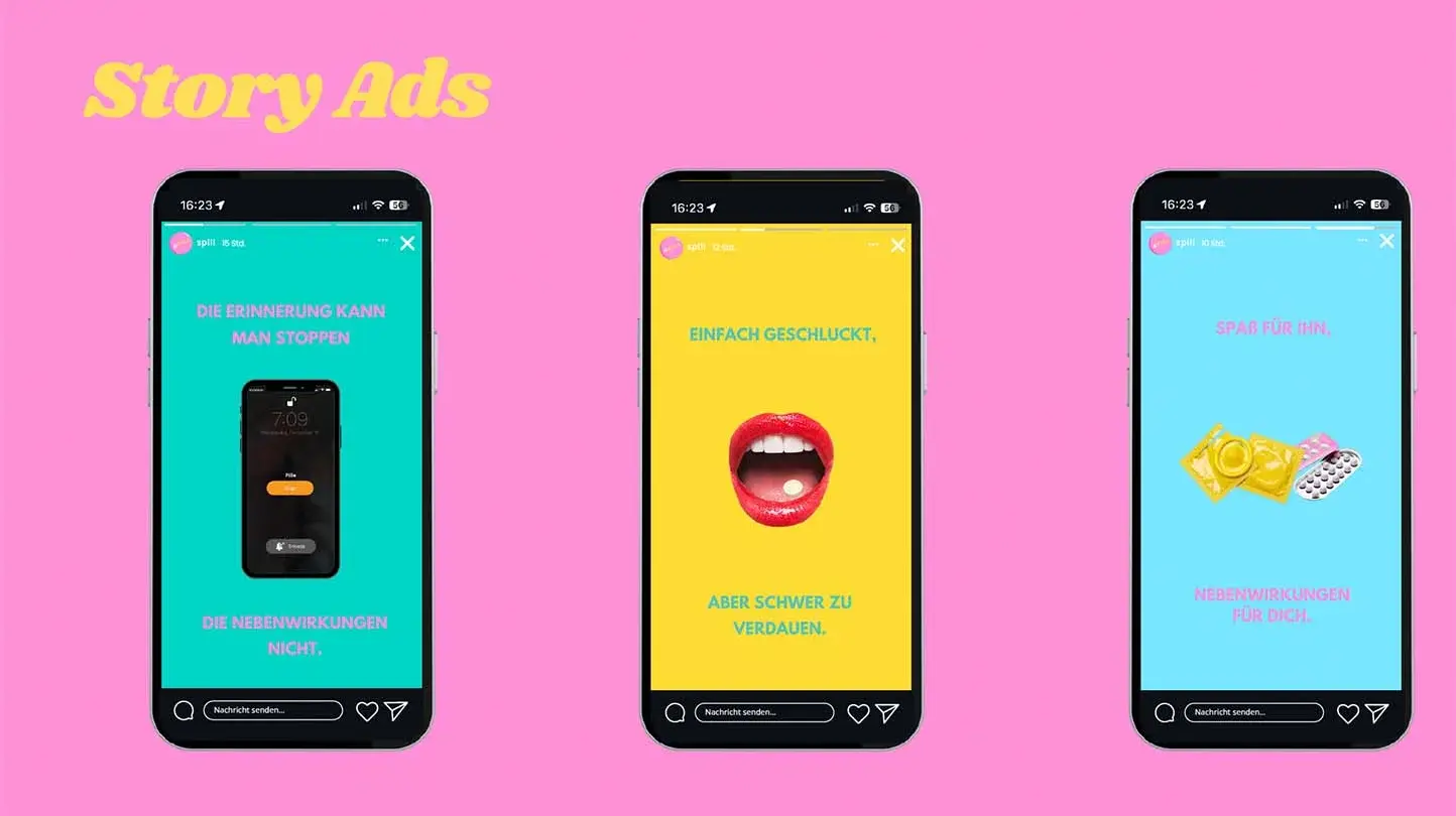 Drei verschiedene Motive für Story Ads des Projektes Spill.