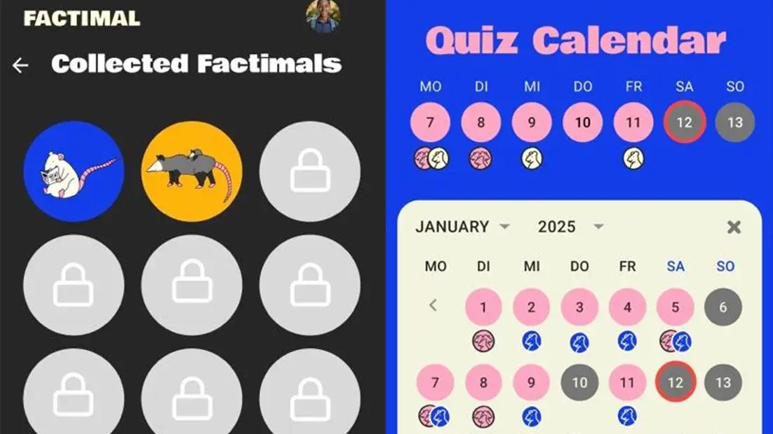 Auf der linken Hälfte ist ein Bereich der Factimal-App, in dem man die ,,Collected Factimals" sieht. Auf der linken Hälfte ist der ,,Quiz-Calendar" in der Factimal-App. Es handelt sich um eine Monatsansicht. Die Tage, an denen ein Quiz gelöst wurde, sind rosa markiert.